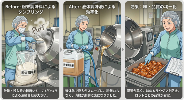 製造現場のオペレーションを大幅効率化！～粉末から液体調味液への変更によるタンブリング工程の改善～